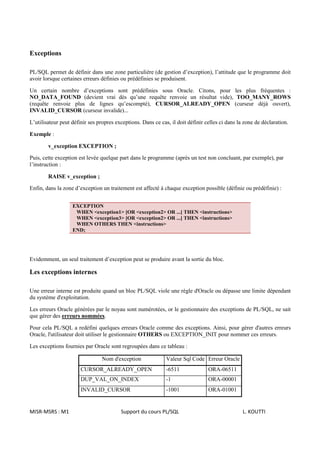 Exceptions

PL/SQL permet de définir dans une zone particulière (de gestion d’exception), l’attitude que le programme doit
avoir lorsque certaines erreurs définies ou prédéfinies se produisent.

Un certain nombre d’exceptions sont prédéfinies sous Oracle. Citons, pour les plus fréquentes :
NO_DATA_FOUND (devient vrai dès qu’une requête renvoie un résultat vide), TOO_MANY_ROWS
(requête renvoie plus de lignes qu’escompté), CURSOR_ALREADY_OPEN (curseur déjà ouvert),
INVALID_CURSOR (curseur invalide)...

L’utilisateur peut définir ses propres exceptions. Dans ce cas, il doit définir celles ci dans la zone de déclaration.

Exemple :

        v_exception EXCEPTION ;

Puis, cette exception est levée quelque part dans le programme (après un test non concluant, par exemple), par
l’instruction :

        RAISE v_exception ;

Enfin, dans la zone d’exception un traitement est affecté à chaque exception possible (définie ou prédéfinie) :


                   EXCEPTION
                    WHEN <exception1> [OR <exception2> OR ...] THEN <instructions>
                    WHEN <exception3> [OR <exception2> OR ...] THEN <instructions>
                    WHEN OTHERS THEN <instructions>
                   END;




Evidemment, un seul traitement d’exception peut se produire avant la sortie du bloc.

Les exceptions internes

Une erreur interne est produite quand un bloc PL/SQL viole une règle d'Oracle ou dépasse une limite dépendant
du système d'exploitation.

Les erreurs Oracle générées par le noyau sont numérotées, or le gestionnaire des exceptions de PL/SQL, ne sait
que gérer des erreurs nommées.

Pour cela PL/SQL a redéfini quelques erreurs Oracle comme des exceptions. Ainsi, pour gérer d'autres erreurs
Oracle, l'utilisateur doit utiliser le gestionnaire OTHERS ou EXCEPTION_INIT pour nommer ces erreurs.

Les exceptions fournies par Oracle sont regroupées dans ce tableau :

                                Nom d'exception               Valeur Sql Code Erreur Oracle
                       CURSOR_ALREADY_OPEN                    -6511              ORA-06511
                       DUP_VAL_ON_INDEX                       -1                 ORA-00001
                       INVALID_CURSOR                         -1001              ORA-01001


MISR-MSRS : M1                           Support du cours PL/SQL                                 L. KOUTTI
 