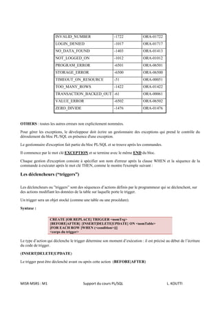 INVALID_NUMBER                       -1722             ORA-01722
                      LOGIN_DENIED                         -1017             ORA-01717
                      NO_DATA_FOUND                        -1403             ORA-01413
                      NOT_LOGGED_ON                        -1012             ORA-01012
                      PROGRAM_ERROR                        -6501             ORA-06501
                      STORAGE_ERROR                        -6500             ORA-06500
                      TIMEOUT_ON_RESOURCE                  -51               ORA-00051
                      TOO_MANY_ROWS                        -1422             ORA-01422
                      TRANSACTION_BACKED_OUT -61                             ORA-00061
                      VALUE_ERROR                          -6502             ORA-06502
                      ZERO_DIVIDE                          -1476             ORA-01476


OTHERS : toutes les autres erreurs non explicitement nommées.

Pour gérer les exceptions, le développeur doit écrire un gestionnaire des exceptions qui prend le contrôle du
déroulement du bloc PL/SQL en présence d'une exception.

Le gestionnaire d'exception fait partie du bloc PL/SQL et se trouve après les commandes.

Il commence par le mot clé EXCEPTION et se termine avec le même END du bloc.

Chaque gestion d'exception consiste à spécifier son nom d'erreur après la clause WHEN et la séquence de la
commande à exécuter après le mot clé THEN, comme le montre l'exemple suivant :

Les déclencheurs (“triggers”)

Les déclencheurs ou ”triggers” sont des séquences d’actions définis par le programmeur qui se déclenchent, sur
des actions modifiant les données de la table sur laquelle porte le trigger.

Un trigger sera un objet stocké (comme une table ou une procédure).

Syntaxe :

                  CREATE [OR REPLACE] TRIGGER <nomTrg>
                  {BEFORE|AFTER} {INSERT|DELETE|UPDATE} ON <nomTable>
                  [FOR EACH ROW [WHEN (<condition>)]]
                  <corps du trigger>

Le type d’action qui déclenche le trigger détermine son moment d’exécution : il est précisé au début de l’écriture
du code de trigger.

(INSERT|DELETE|UPDATE)

Le trigger peut être déclenché avant ou après cette action (BEFORE|AFTER)




MISR-MSRS : M1                         Support du cours PL/SQL                               L. KOUTTI
 