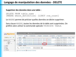 Langage de manipulation des données - DELETE 
Supprimer des données dans une table : 
DELETE FROM table_name 
[WHERE where_definition] [LIMIT row_count] 
Le WHERE permet de préciser quelles données on désire supprimer. 
Sans clause WHERE, toutes les données de la table sont supprimées. On 
préfère alors utiliser la commande spéciale TRUNCATE TABLE. 
 