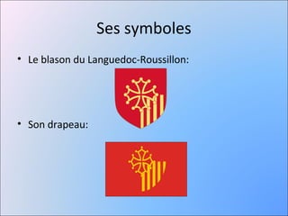 Ses symboles
• Le blason du Languedoc-Roussillon:




• Son drapeau:
 