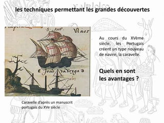 les techniques permettant les grandes découvertes
Caravelle d’après un manuscrit
portugais du XVe siècle
Au cours du XVème
siècle, les Portugais
créent un type nouveau
de navire, la caravelle.
Quels en sont
les avantages ?
 