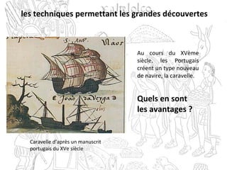 les techniques permettant les grandes découvertes
Caravelle d’après un manuscrit
portugais du XVe siècle
Au cours du XVème
siècle, les Portugais
créent un type nouveau
de navire, la caravelle.
Quels en sont
les avantages ?
 