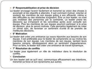  5° Responsabilisation et prise de décision
Le leader envisage l'avenir facilement et transmet sa vision des choses à
accomplir et les objectifs à atteindre. Il sait comment motiver, orienter et
soutenir les membres de son équipe grâce à son efficacité, même si
des difficultés ou des obstacles surgissent. Être un bon leader, ce n'est
pas mobiliser des personnes par la contrainte. Le leader prend les
décisions qui s'imposent et les concrétise après avoir consulté son
équipe. Plus les membres de son équipe pourront participer à la prise
de décision, plus ils seront motivés. Cela permettra également de créer
un climat sain, de favoriser un sentiment d'unité et de prendre de
meilleures décisions.
 6° Motivation
Le leader doit créer une ambiance qui saura répondre aux besoins de son
équipe. Il est préférable pour le leader de comprendre ce qui motive les
membres de son équipe. Les membres de son équipe, sentant leurs
besoins compris, développeront alors un sentiment d'appartenance.
Pour ce faire, le leader doit créer une ambiance de travail dynamique.
 7° Résolution de conflits
Le leader joue également un rôle de médiateur dans la résolution de
conflits.
 Conclusion
Un bon leader sait ce qu'il veut, communique efficacement ses intentions,
transmet sa force et son dynamisme aux autres.
 