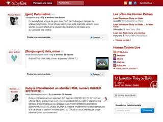 Problem Solution Unique
Value
Proposition
Unfair
Advantage
Key Metrics Channels
Customer
Segments
Cost Structure Revenue Streams
Marché de
l’emploi
complexe
Formation RoR
Visites
Formations
Formation
Ruby on
Rails avec
une forte
dimension
humaine
Accompagnement
Réseau
Mauvaises
formations
Humain
Experience
Pub
Pub
Location de la salle
Developpeurs
Entreprises
Formations intra-entreprises
Formations inter-entreprises
 