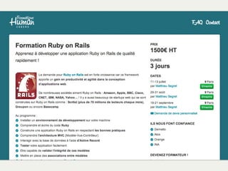 Problem Solution Unique
Value
Proposition
Unfair
Advantage
Key Metrics Channels
Customer
Segments
Cost Structure Revenue Streams
Marché de
l’emploi
complexe
Formation
Visites
Formations
Formation
Ruby on
Rails avec
une forte
dimension
humaine
Accompagnement
Mauvaises
formations
Humain
Experience
Location de la salle
Salaire
rubylive.fr
jslive.fr
html5live.fr
Formations intra-entreprises
Formations inter-entreprises
phplive.fr
javalive.fr
ioslive.fr
pythonlive.fr
Developpeurs
Entreprises
 