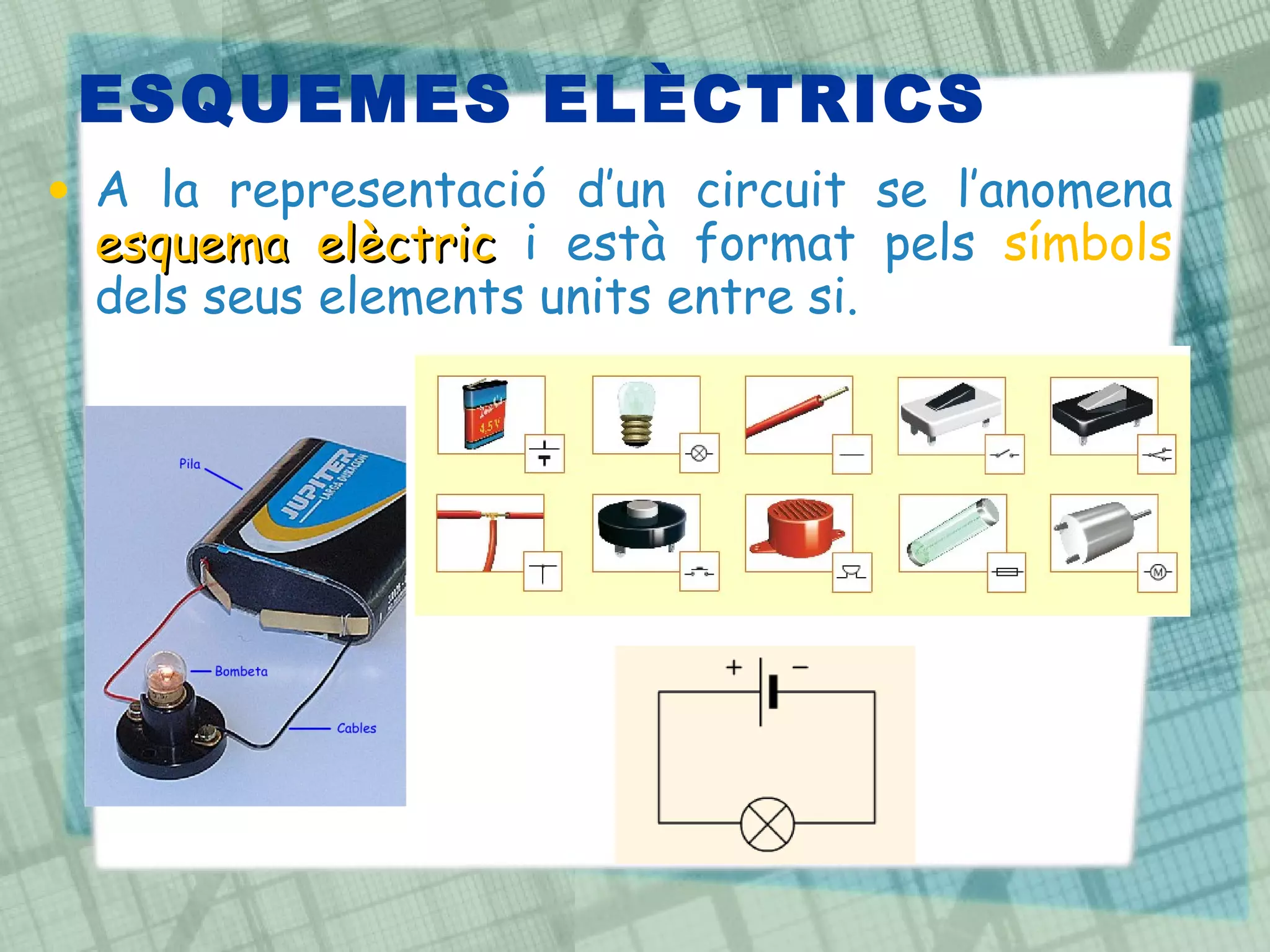 ESQUEMES ELÈCTRICS A la representació d’un circuit se l’anomena  esquema elèctric  i està format pels  símbols  dels seus elements units entre si. 