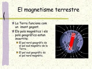 El magnetisme terrestre La Terra funciona com un  imant gegant. Els pols magnètics i els pols geogràfics estan invertits: El pol nord geogràfic és el pol sud magnètic de la Terra. El pol sud geogràfic és el pol nord magnètic. 