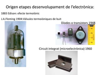 Origen etapes desenvolupament de l’electrònica:1883 Edison: efecte termoiònicJ.A.Fleming 1904:Vàlvules termoiòniques de buitDíodes o transistors 1948Circuit integrat (microelectrònica) 1960