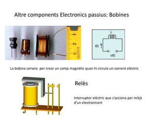 Altre components Electronics passius: BobinesLa bobina serveix  per crear un camp magnètic quan hi circula un corrent elèctricRelèsInterruptor elèctric que s’acciona per mitjà  d’un electroimant+-