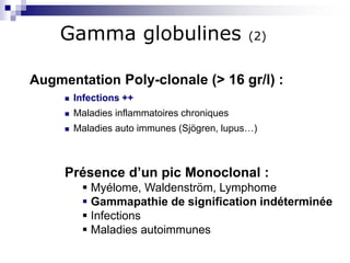 Gamma globulines (2)
Augmentation Poly-clonale (> 16 gr/l) :
 Infections ++
 Maladies inflammatoires chroniques
 Maladi...