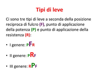 Tipi 
di 
leve 
Ci 
sono 
tre 
Gpi 
di 
leve 
a 
seconda 
della 
posizione 
reciproca 
di 
fulcro 
(F), 
punto 
di 
applicazione 
della 
potenza 
(P) 
e 
punto 
di 
applicazione 
della 
resistenza 
(R): 
• I 
genere: 
PFR 
• II 
genere: 
PRF 
• III 
genere: 
RPF 
 