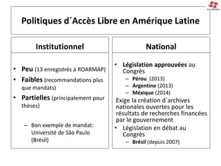 Politiques d´Accès Libre en Amérique Latine
Institutionnel
• Peu (13 enregistrés à ROARMAP)
• Faibles (recommandations plus
que mandats)
• Partielles (principalement pour
thèses)
– Bon exemple de mandat:
Université de São Paulo
(Brésil)
National
• Législation approuvées au
Congrès
– Pérou (2013)
– Argentine (2013)
– Méxique (2014)
Exige la création d´archives
nationales ouvertes pour les
résultats de recherches financées
par le gouvernement
• Législation en débat au
Congrès
– Brésil (depuis 2007)
 
