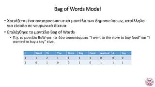 Bag of Words Model
• Χρειάζεται ένα αντιπροσωπευτικό μοντέλο των δημοσιεύσεων, κατάλληλο
για είσοδο σε νευρωνικά δίκτυα
• Επιλέχθηκε το μοντέλο Bag of Words
• Π.χ. το μοντέλο BoW για τα δύο αποσπάσματα “I went to the store to buy food” και “I
wanted to buy a toy” είναι
I Went To The Store Buy Food wanted A toy
1 1 2 1 1 1 1 0 0 0
1 0 1 0 0 1 0 1 1 1
 