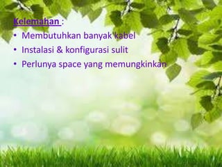 Kelemahan :
• Membutuhkan banyak kabel
• Instalasi & konfigurasi sulit
• Perlunya space yang memungkinkan

 