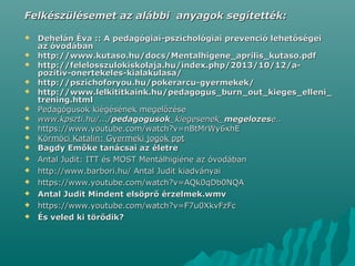 Felkészülésemet az alábbi anyagok segítették:Felkészülésemet az alábbi anyagok segítették:
 Dehelán Éva :: A pedagógiai-pszichológiai prevenció lehetőségeiDehelán Éva :: A pedagógiai-pszichológiai prevenció lehetőségei
az óvodábanaz óvodában
 http://www.kutaso.hu/docs/Mentalhigene_aprilis_kutaso.pdfhttp://www.kutaso.hu/docs/Mentalhigene_aprilis_kutaso.pdf
 http://felelosszulokiskolaja.hu/index.php/2013/10/12/a-http://felelosszulokiskolaja.hu/index.php/2013/10/12/a-
pozitiv-onertekeles-kialakulasa/pozitiv-onertekeles-kialakulasa/
 http://pszichoforyou.hu/pokerarcu-gyermekek/http://pszichoforyou.hu/pokerarcu-gyermekek/
 http://www.lelkititkaink.hu/pedagogus_burn_out_kieges_elleni_http://www.lelkititkaink.hu/pedagogus_burn_out_kieges_elleni_
trening.htmltrening.html
 Pedagógusok kiégésének megelőzésePedagógusok kiégésének megelőzése
 www.kpszti.hu/.../www.kpszti.hu/.../pedagogusokpedagogusok_kiegesenek__kiegesenek_megelozesmegelozese..e..
 https://www.youtube.com/watch?v=nBtMrWy6xhEhttps://www.youtube.com/watch?v=nBtMrWy6xhE
 Körmöci Katalin: Gyermeki jogok pptKörmöci Katalin: Gyermeki jogok ppt
 Bagdy Emőke tanácsai az életreBagdy Emőke tanácsai az életre
 Antal Judit: ITT és MOST Mentálhigiéne az óvodábanAntal Judit: ITT és MOST Mentálhigiéne az óvodában
 http://www.barbori.hu/ Antal Judit kiadványaihttp://www.barbori.hu/ Antal Judit kiadványai
 https://www.youtube.com/watch?v=AQk0qDb0NQAhttps://www.youtube.com/watch?v=AQk0qDb0NQA
 Antal Judit Mindent elsöprő érzelmek.wmvAntal Judit Mindent elsöprő érzelmek.wmv
 https://www.youtube.com/watch?v=F7u0XkvFzFchttps://www.youtube.com/watch?v=F7u0XkvFzFc
 És veled ki törődik?És veled ki törődik?
 