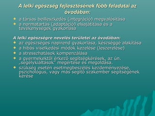 A lelki egészség fejlesztésének főbb feladatai azA lelki egészség fejlesztésének főbb feladatai az
óvodában:óvodában:
 a társas beilleszkedés (integráció) megvalósításaa társas beilleszkedés (integráció) megvalósítása
 a normatartás (adaptáció) elsajátítása és aa normatartás (adaptáció) elsajátítása és a
tevékenységek gyakorlásatevékenységek gyakorlása
A lelki egészségre nevelés területei az óvodában:A lelki egészségre nevelés területei az óvodában:
 az egészséges napirend gyakorlása, készséggé alakításaaz egészséges napirend gyakorlása, készséggé alakítása
 a hibás viselkedési módok kezelése (leszerelése)a hibás viselkedési módok kezelése (leszerelése)
 a stresszhatások kompenzálásaa stresszhatások kompenzálása
 a gyermekektől érkező segítségkérések, az ún.a gyermekektől érkező segítségkérések, az ún.
„segélykiáltások” megértése és megoldása.„segélykiáltások” megértése és megoldása.
 szükség esetén esetmegbeszélés kezdeményezése,szükség esetén esetmegbeszélés kezdeményezése,
pszichológus, vagy más segítő szakember segítségénekpszichológus, vagy más segítő szakember segítségének
kérésekérése
 