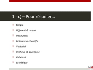 1 - c) – Pour résumer...
 Simple
 Différent & unique
 Intemporel
 Fédérateur et codifié
 Vectoriel
 Pratique et déclinable
 Cohérent
 Esthétique
 