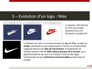 3 – Evolution d’un logo : Nike
Le Swoosh a été dessiné
en 1971 par Carolyn
Davidson (en), une
étudiante en graphisme
Le Swoosh est, selon un surnom courant, le logo de Nike. Le logo est
simple, consistant en une virgule posée à l'envers et à l'horizontale,
supposée donner une idée de mouvement, et représenter de
manière stylisée l'aile de Niké, déesse grecque de la victoire, qui a
également donné son nom à la marque. C'est l'un des logos
commerciaux les plus facilement reconnaissables partout dans le
monde.
 