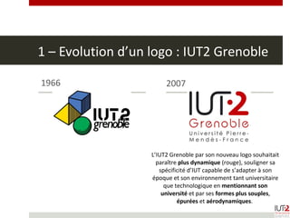 1 – Evolution d’un logo : IUT2 Grenoble
1966 2007
L’IUT2 Grenoble par son nouveau logo souhaitait
paraître plus dynamique (rouge), souligner sa
spécificité d’IUT capable de s’adapter à son
époque et son environnement tant universitaire
que technologique en mentionnant son
université et par ses formes plus souples,
épurées et aérodynamiques.
 