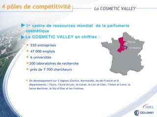4 pôles de compétitivité La COSMETIC VALLEY
1er centre de ressources mondial de la parfumerie cosmétique
 Un développement sur 3 régions (Centre, Normandie, Ile-de-France) et 8
départements : l’Eure, l’Eure et Loir, le Loiret, le Loir et Cher, l’Indre et Loire, la
Seine-Maritime, le Val-d’Oise et les Yvelines.
La COSMETIC VALLEY en chiffres :
 550 entreprises
 47 000 emplois
 6 universités
200 laboratoires de recherche
 près de 7 700 chercheurs
 