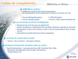4 pôles de compétitivité DREAM Eau et Milieux
Les domaines d’actions stratégiques
 Ressources du sol et du sous-sol, géothermie
 Gestion durable par l’optimisation des procédés industriels, agricoles et forestiers
 Hydraulique rurale et semi-urbaine, accès à l’eau et assainissement dans les pays
du sud
 Valorisation et préservation des milieux aquatiques
La place du Loiret dans le pôle
 Dream « Eau et milieux » est basée à Orléans
Quelques entreprises membres dans le Loiret :
 Suez Environnement – Lyonnaise des Eaux, EDF, Géo-Hyd, DSA, LVMH
Recherche, Ecologistique, Antea Group, CFG Services,
Vergnet Hydro, etc.
 2 500 chercheurs
 Plus de 1 000 ressources Recherche
DREAM en chiffres
 Fédère plus de 80 acteurs dont 62 entreprises
 Un regroupement d’une cinquantaine d’acteurs du secteur de l’eau
 Plus de 400 établissements
 Environ 20 000 emplois
 