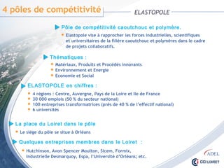 4 pôles de compétitivité ELASTOPOLE
Pôle de compétitivité caoutchouc et polymère.
 Elastopole vise à rapprocher les forces industrielles, scientifiques
et universitaires de la filière caoutchouc et polymères dans le cadre
de projets collaboratifs.
Thématiques :
 Matériaux, Produits et Procédés innovants
 Environnement et Energie
 Economie et Social
ELASTOPOLE en chiffres :
 4 régions : Centre, Auvergne, Pays de la Loire et Ile de France
 30 000 emplois (50 % du secteur national)
 100 entreprises transformatrices (près de 40 % de l’effectif national)
 6 universités
La place du Loiret dans le pôle
 Le siège du pôle se situe à Orléans
Quelques entreprises membres dans le Loiret :
 Hutchinson, Avon Spencer Moulton, Sicem, Formix,
Industrielle Desmarquoy, Espa, l’Université d’Orléans; etc.
 