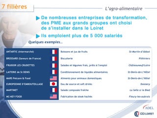 L’agro-alimentaire
Quelques exemples…
De nombreuses entreprises de transformation,
des PME aux grands groupes ont choisi
de s’installer dans le Loiret
ANTARTIC (Intermarché) Boissons et jus de fruits St-Martin-d’Abbat
BROSSARD (Saveurs de France) Biscuiterie Pithiviers
FRUIDOR LES CRUDETTES Salades et légumes frais, prêts à l’emploi Châteauneuf/Loire
LAITERIE de St DENIS Conditionnement de liquides alimentaires St-Denis-de-L’Hôtel
MARS Petcare & Food Aliments pour animaux domestiques St-Denis-de-L’Hôtel
EUROPEENNE D’EMBOUTEILLAGE Eau de source et soft drinks Donnery
MARTINET Salade composée fraîche La Selle s/ le Bied
MC-KEY FOOD Fabrication de steak hachés Fleury-les-aubrais
7 filières
Ils emploient plus de 5 000 salariés
 