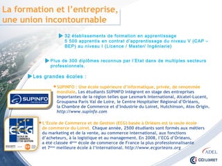 La formation et l’entreprise,
une union incontournable
32 établissements de formation en apprentissage
5 500 apprentis en contrat d’apprentissage du niveau V (CAP – BEP)
au niveau I (Licence / Master/ Ingénierie)
 SUPINFO : Une école supérieure d’informatique, privée, de renommée
mondiale. Les étudiants SUPINFO intègrent en stage des entreprises
importantes de la région telles que Lexmark International, Alcatel-Lucent,
Groupama Paris Val de Loire, le Centre Hospitalier Régional d’Orléans,
la Chambre de Commerce et d’Industrie du Loiret, Hutchinson, Atos Origin.
http://www.supinfo.com
Les grandes écoles :
 L’Ecole de Commerce et de Gestion (ECG) basée à Orléans est la seule école
de commerce du Loiret. Chaque année, 2500 étudiants sont formés aux métiers
du marketing et de la vente, au commerce international, aux fonctions
d’acheteurs, à la logistique et au management. En 2008, l’ECG d’Orléans,
a été classée 4ème école de commerce de France la plus professionnalisante
et 7ème meilleure école à l’international. http://www.ecgorleans.org
Plus de 300 diplômes reconnus par l’Etat dans de multiples secteurs
professionnels.
 