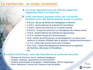 La recherche, un enjeu essentiel
 B.R.G.M : Bureau de Recherches Géologiques et Minières
 C.N.R.S : Centre National de la Recherche Scientifique
 C.R.M.D : Centre de recherche sur la matière divisée
 G.R.E.M.I : Groupe de recherche sur l’énergétique des milieux ionisés
 I.N.R.A : Institut National de la Recherche Agronomique
 I.F.E.N : Institut Français de l’Environnement
 I.R.D : Institut de recherche pour le développement, ce centre vient
renforcer la vocation d’Orléans dans le domaine «sociétés/environnement»,
 I.S.T.O : Institut des sciences de la terre d’Orléans
 P.R.I.S.M.E : Institut Pluridisciplinaire de Recherche en Ingénierie
des Systèmes, Mécanique et Energétique
 Etc…
Le Loiret représente plus de 40% des dépenses régionales
liées à la recherche
5 600 chercheurs gravitent autour de l’université
travaillant pour des établissements privés ou publics.
 Physique et chimie du vivant - systèmes biologiques
 Energie, matériaux, géosciences et environnement
 Sciences économiques et de gestion, mathématiques, STIC et linguistique
 Droit, littératures, sciences de l’homme et des territoires
4 pôles scientifiques avec des laboratoires de recherche associés
 