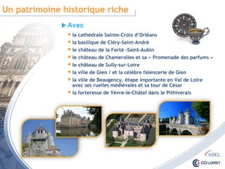 Un patrimoine historique riche
Avec
 la cathédrale Sainte-Croix d’Orléans
 la basilique de Cléry-Saint-André
 le château de la Ferté -Saint-Aubin
 le château de Chamerolles et sa « Promenade des parfums »
 le château de Sully-sur-Loire
 la ville de Gien / et la célèbre faïencerie de Gien
 la ville de Beaugency, étape importante en Val de Loire
avec ses ruelles médiévales et sa tour de César
 la forteresse de Yèvre-le-Châtel dans le Pithiverais
 