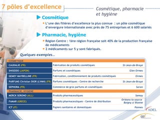 Cosmétique, pharmacie et hygiène L’une des filières d’excellence la plus connue  : un pôle cosmétique d’envergure internationale avec près de 75 entreprises et 6 600 salariés Cosmétique 7 pôles d’excellence Région Centre : 1ère région française soit 40% de la production française de médicaments 2 médicaments sur 5 y sont fabriqués.  Pharmacie, hygiène Quelques exemples… COSMETIQUE CAUDALIE  (FR) Fabrication de produits cosmétiques St-Jean-de-Braye SHISEIDO  (JAPON) Parfums et cosmétiques Gien Ormes GEMEY MAYBELLINE  (FR) Fabrication, conditionnement de produits cosmétiques Ormes PARFUMS Christian DIOR (LVMH)  (FR) Parfums cosmétiques - Centre de recherche St-Jean-de-Braye SEPHORA  (FR) Commerce de gros parfums et cosmétiques Saran PHARMACIE, HYGIENE MERCK SERONO  (ALL) Produits pharmaceutiques Semoy FAMAR  (GRECE) Produits pharmaceutiques - Centre de distribution Orléans-la-source  Boigny s/ Bionne ICT  (IT) Papiers sanitaires et domestiques Pannes 