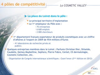 4 pôles de compétitivité La COSMETIC VALLEY 75 entreprises 6 600 emplois 2 000 chercheurs Le principal territoire d’implantation  Le 1 er  employeur du Pôle avec : 1 er  département français exportateur de produits cosmétiques avec un chiffre   d’affaires à l’export en 2009 de 954 millions d’€uros 41 laboratoires de recherche privés et publics Quelques entreprises membres dans le Loiret : Parfums Christian Dior, Shiseido,   Caudalie, Gemey Maybelline, Sephora, Pierre Fabre, Centel, CS dermatologie,  Cosmetic Collection, etc. Organisation de Congrès internationaux scientifiques : Cosm’innov (3 ème  édition en 2012) La place du Loiret dans le pôle : 