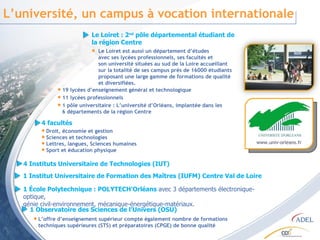 L’université, un campus à vocation internationale Le Loiret : 2 nd  pôle départemental étudiant de la région Centre Le Loiret est aussi un département d’études avec ses lycées professionnels, ses facultés et  son université situées au sud de la Loire accueillant sur la totalité de ses campus près de 16000 étudiants proposant une large gamme de formations de qualité et diversifiées.  19 lycées d’enseignement général et technologique  11 lycées professionnels  1 pôle universitaire : L’université d’Orléans, implantée dans les 6 départements de la région Centre 4 facultés  Droit, économie et gestion Sciences et technologies Lettres, langues, Sciences humaines  Sport et éducation physique 4 Instituts Universitaire de Technologies (IUT) 1 Institut Universitaire de Formation des Maîtres (IUFM) Centre Val de Loire 1 École Polytechnique : POLYTECH’Orléans  avec 3 départements électronique-optique, génie civil-environnement, mécanique-énergétique-matériaux. 1 Observatoire des Sciences de l’Univers (OSU) L’offre d’enseignement supérieur compte également nombre de formations techniques supérieures (STS) et préparatoires (CPGE) de bonne qualité www.univ-orleans.fr 