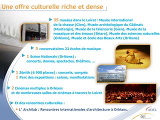 Une offre culturelle riche et dense 35  musées dans le Loiret : Musée international  de la chasse (Gien), Musée archéologique du Gâtinais (Montargis), Musée de la faïencerie (Gien), Musée de la mosaïque et des émaux (Briare), Musée des sciences naturelles (Orléans), Musée et école des Beaux Arts (Orléans) 5  conservatoires 23 écoles de musique 1  Scène Nationale (Orléans) :  concerts, danses, spectacles, théâtres, … 1  Zénith (6 900 places) : concerts, congrès 1   Parc des expositions : salons, manifestations  2  Cinémas multiplex à Orléans  et de nombreuses salles de cinémas à travers le Loiret Et des rencontres culturelles : L’ Archilab : Rencontres internationales d'architecture à Orléans.  