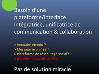 Besoin d’une
plateforme/interface
intégratrice, unificatrice de
communication & collaboration
> Annuaire étendu ?
> Messagerie unifiée ?
> Plateforme de réseautage social?
> plateforme sociale unifiée
Pas de solution miracle
 