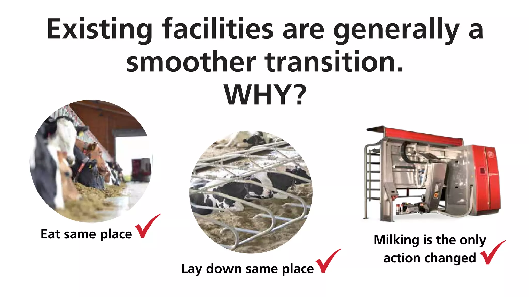 Existing facilities are generally a
smoother transition.
WHY?
Milking is the only
action changed
Eat same place
Lay down same place
 