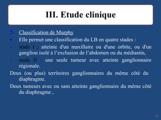 5. Classification de Murphy
• Elle permet une classification du LB en quatre stades :
- stade I : atteinte d'un maxillaire ou d'une orbite, ou d'un
ganglion isolé à l’exclusion de l’abdomen ou du médiastin,
- stade II : une seule tumeur avec atteinte ganglionnaire
régionale.
Deux (ou plus) territoires ganglionnaires du même côté du
diaphragme.
Deux tumeurs avec ou sans atteinte ganglionnaire du même côté
du diaphragme ,
2828
 