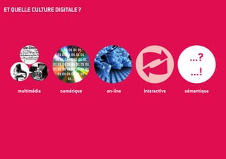 et quelle culture digitale ?




                       ... 01 01 01 01
                     01 01 01 01 01 01
                   01 01 01 01 01 01 01
                  01 01 01 01 01 01 01 01
                                                                      ...?
                  01 01 01 01 01 01 01 01
                     01 01 01 01 01 01
                             01...
                                                                      ...!
     multimédia       numérique             on-line   interactive   sémantique
 