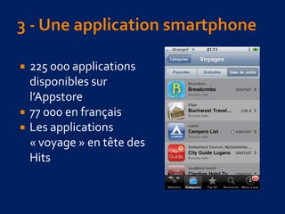  225 000 applications
disponibles sur
l’Appstore
 77 000 en français
 Les applications
« voyage » en tête des
Hits
 