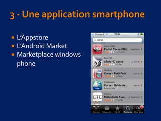  L’Appstore
 L’Androïd Market
 Marketplace windows
phone
 