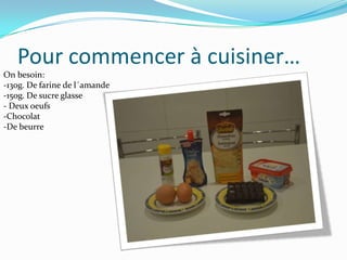 Pour commencer à cuisiner…
On besoin:
-130g. De farine de l´amande
-150g. De sucre glasse
- Deux oeufs
-Chocolat
-De beurre