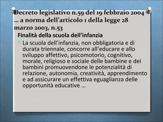 Decreto legislativo n.59 del 19 febbraio 2004
… a norma dell’articolo 1 della legge 28
marzo 2003, n.53
 Finalità della scuola dell’infanzia
 O La scuola dell’infanzia, non obbligatoria e di
   durata triennale, concorre all’educare e allo
   sviluppo affettivo, psicomotorio, cognitivo,
   morale, religioso e sociale delle bambine e dei
   bambini promuovendone le potenzialità di
   relazione, autonomia, creatività, apprendimento
   e ad assicurare un effettiva eguaglianza delle
   opportunità educative …
 