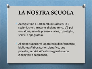 LA NOSTRA SCUOLA
O Accoglie fino a 140 bambini suddivisi in 5
  sezioni, che si trovano al piano terra, c’è poi
  un salone, sala da pranzo, cucina, ripostiglio,
  servizi e spogliatoio.

O Al piano superiore: laboratorio di informatica,
  biblioteca/laboratorio scientifico, una
  palestra, servizi. All’esterno giardino con
  giochi vari e sabbionaia.
 