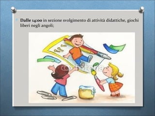 O Dalle 14:00 in sezione svolgimento di attività didattiche, giochi
  liberi negli angoli;
 