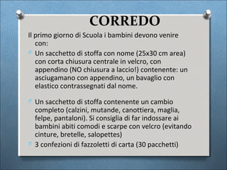 CORREDO
Il primo giorno di Scuola i bambini devono venire
   con:
O Un sacchetto di stoffa con nome (25x30 cm area)
   con corta chiusura centrale in velcro, con
   appendino (NO chiusura a laccio!) contenente: un
   asciugamano con appendino, un bavaglio con
   elastico contrassegnati dal nome.
O Un sacchetto di stoffa contenente un cambio
  completo (calzini, mutande, canottiera, maglia,
  felpe, pantaloni). Si consiglia di far indossare ai
  bambini abiti comodi e scarpe con velcro (evitando
  cinture, bretelle, salopettes)
O 3 confezioni di fazzoletti di carta (30 pacchetti)
 