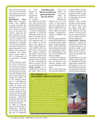 petits canards du monde ;       en      cours        «L’Arctique perd         désormais            cm depuis 1880 à cause de
mais, sur le même princi-       pourrait ac- 10% de sa couche de attesté par                       la fonte des glaciers. Ceci
pe, les Etats-unis consom-      célérer les                                   l ’a u g m e n -     engendre chaque année,
                                d o m m a ge s
                                                    glace permanente          tation ob-           la disparition de 100 km²
meraient l’équivalent de 5
planètes !                      infligés par         tous les 10 ans»         servée des           de marécages dans le del-
Réchauffement         Plané-    les insectes                                 températures          ta du Mississipi.
taire. Notre surconsom-         aux récoltes et aux forêts.    moyennes de l’air et de             L’Arctique perd environ
mation vient expliquer          Ainsi, Ellen Currano, étu-     l’océan, la fonte généra-           10% de sa couche de glace
en partie l’ensemble des        diante de troisième cycle à    lisée de la neige et de la          permanente tous les dix
dysfonctionnements dont         l’université d’État de Penn-   glace et l’augmentation du          ans depuis 1980. Dans
nous sommes les specta-         sylvanie (US) explique que     niveau moyen de la mer              cette région, les tempéra-
teurs. Le tribu peut nous       « Lorsque la température       (4ème rapport du groupe             tures moyennes ont aug-
sembler lourd pour des          augmente, la variété des       d’experts intergouverne-            menté à une vitesse deux
biens industriels. Le pre-      dommages causés aux es-        mental sur l’évolution des          fois plus rapide qu’ailleurs
mier effet est le réchauffe-    pèces de plantes par les       climats).                           dans le monde durant les
ment de la planète. Il dé-      insectes qui s’en nourris-     Onze des douze dernières            dernières décennies.
coule de cette hausse des       sent augmente aussi ». A       années (1995-2006) furent           Responsabilité humaine.
températures un dérègle-        ceci s’ajoute la menace        les années les plus chaudes         Cependant il convient de
ment de notre biosphère.        autour des espèces ani-        jamais enregistrées depuis          rappeler que l’homme est
Les océans s’étendent, les      males. L’Indice Planète Vi-    1850. L’année 2005 reste            son propre bourreau. De
glaciers fondent, les inon-     vante confirme cette ten-      la plus coûteuse sur le plan        nombreux dégâts écolo-
dations et les cyclones se      dance. Elle a suivi au total   des catastrophes naturel-           giques tel que la défores-
multiplient. Ces événe-         695 espèces terrestres,        les météorologiques avec            tation sont de Causes hu-
ments seraient selon le         344 espèces dulcicoles et      plus de 200 milliards de            maines et pourraient être
GIEC la conséquence de          274 espèces marines. Elle      dollars de dégâts.                  ainsi évités.
la combustion d’énergie         constate avec dépit que le     A l’échelle de l’humanité,          Il disparaît dans le monde
fossile.                        premier groupe a décliné       une moyenne de 200 mil-             chaque année depuis 15
La Chine n’est pas en reste,    de 31%, le deuxième de         lions de personnes sont             ans : 80.000 km2 de forêt
elle en est l’un des princi-    28% et le dernier de 27%       touchées chaque année               (solde tenant compte de la
paux acteurs. Sa croissan-      sur une période de 33 ans.     par les catastrophes natu-          reforestation), soit la sur-
ce à 11% qui fait d’elle la     Années chaudes. Le ré-         relles.                             face de l’Autriche. L’Amazo-
championne du monde re-         chauffement du climat ne       Ainsi, le niveau moyen des          nie représente à elle seule
                                fait aucun doute et est        mers s’est ainsi élevé de 17        1/3 des réserves tropicales
jets de dioxyde de soufre,
lui permet de rafler le titre      Dis maman, ça
de 1er pays producteur de
                                   ressemble à quoi un poisson ?
                                   P
dioxyde de carbone. Or
                                        êche excessive et pollution menacent la quasi-to-
le CO2 participe active-
ment au réchauffement.
                                        talité des espèces péchées pour la consomma-
Chaque année, près d’un            tion humaine. Sans changement radical les poissons
million de chinois meu-            auront disparus de la planète en 2050 ; c’est la sécu-
rent prématurément de la           rité alimentaire humaine qui sera fortement menacé.
pollution de l’air et de la        A l’heure actuelle, 29% des espèces et crustacés vont
mauvaise qualité de l’eau.         disparaître si nous ne faisons rien. Les prises de cer-
L’atelier du monde profite         taines espèces ont même diminué de 90% par rap-
à l’ensemble de la planète,        port aux autres années. La morue salée d’Atlantique
néanmoins l’élimination            du nord a déjà atteint son point de non retour et est
des déchets polluants coû-         considérée comme quasiment éteinte.
te deux fois plus cher que
                                   Il serait dangereux de considérer la mer comme une
les bénéfices récoltés.
                                   simple poubelle, bien que celle-ci absorbe nos égouts
Les effets du réchauffe-
ment ne se limitent pas au         et les recycle en substances nutritives. La faune et
dérèglement climatique.            flore sous-marine retirent les toxines de l’eau, pro-
Une nouvelle étude sug-            duisent de la nourriture et transforment le dioxyde de        Un baleinier japonais remonte
gère que le changement             carbone en élément de nutrition et oxygène.                   sa proie


6 - Le magazine éthique - HORS SÉRIE - S eptembre 2008
 
