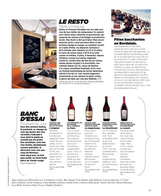Le resto
                                                                                                        Table lumineuse.
                                                                                                        Esther et François Morabito ont une idée pré-
                                                                                                        cise de leur métier de restaurateur. Ils veulent
                                                                                                        une cuisine saine, naturelle et gourmande, qui
                                                                                                                                                                                      rendez-vous
                                                                                                        respecte les saisons et privilégie la production
                                                                                                        locale. Plus facile à dire qu’à faire ! Mais recon-                           Fêtes bacchantes
                                                                                                        naissons qu’ils y sont parvenus dans ce lieu
                                                                                                        lumineux beige et orange, au comptoir ouvert
                                                                                                                                                                                      en Bordelais.
                                                                                                                                                                                      Cet événement a lieu dans
                                                                                                        et à table d’hôte. Au déjeuner, formules à
                                                                                                                                                                                      quelques mois mais est à noter
                                                                                                        29 € (entrée, plat, dessert) ou 23 € (2 plats),
                                                                                                                                                                                      d’ores et déjà dans les agendas : la
                                                                                                        le menu de saison étant à 36 € et la carte
                                                                                                                                                                                      nouvelle édition de Bordeaux fête
                                                                                                        courte (4 entrées, 4 plats, 4 desserts). Vapeur
                                                                                                                                                                                      le vin se déroulera du jeudi 28 juin
                                                                                                        d’huîtres creuses aux perles végétales
                                                                                                                                                                                      au dimanche 1er juillet. Cette bien-
                                                                                                        (14,50 €), cordon bleu de féra du lac Léman,
                                                                                                                                                                                      nale grand public se déroule au
                                                                                                        navets jaunes écrasés à la fourchette, can-
                                                                                                                                                                                      bord de la Garonne, sur deux kilo-
                                                                                                        coillotte filante (27 €), citron de Menton
                                                                                                                                                                                      mètres, au cœur du patrimoine
                                                                                                        à la coque, mouillette feuilletée (9 €), avec
                                                                                                                                                                                      mondial de l’unesco. des pavillons
                                                                                                        un riesling Kantzlerberg de Sylvie Spielmann
                                                                                                                                                                                      de dégustation permettront de
                                                                                                        (29,50 € les 50 cl). Une cuisine sagement
                                                                                                                                                                                      découvrir 80 appellations de Bor-
                                                                                                        surprenante et une adresse en plein centre,
                                                                                                                                                                                      deaux et d’Aquitaine, de 11 heures
                                                                                                        le genre de table qui crée des fidélités. JPG
                                                                                                                                                                                      à minuit. Lors de l’édition 2010, pas
                                                                                                        L’Atelier du goût, 17, rue des Tonneliers, Strasbourg (Bas-Rhin).
                                                                                                        Tél. : 03-88-21-01-01. www.atelier-du-gout.fr                                 moins de 500 000 amateurs
                                                                                                                                                                                      s’y étaient donné rendez-vous… L.G.
                                                                                                                                                                                      www.bordeaux-fete-le-vin.com




                                                          banc
                                                          d’essai
                                                          Poulsard du Jura.               Côtes du Jura
                                                                                          Poulsard 2011
                                                                                          de G. et Ch. WiCky
                                                                                                                   uva arbosiana 2011
                                                                                                                   du domaine
                                                                                                                   de la tournelle
                                                                                                                                             Côtes du Jura
                                                                                                                                             Grains de Poulsard
                                                                                                                                             2009 de b. badoz
                                                                                                                                                                      Poulsard 2010 du
                                                                                                                                                                      domaine de l’aiGle
                                                                                                                                                                      à deux têtes
                                                                                                                                                                                              arbois PuPillin
                                                                                                                                                                                              Côte de Feule 2009
                                                                                                                                                                                              d’huGhes béGuet
                                                          hors des sentiers battus,
                                                                                          l’original               le franc                  le respectueux           le désaltérant          le savant
                                                          le poulsard, ce cépage du
                                                                                          Arômes                   un vin qu’on              une vision               un vin d’autre-         Il joue la carte
                                                          Jura qui donne des vins
                                                                                          expressifs et            apprécie pour             jeune et                 fois : désalté-         de la séduc-
                                                          vermeils, s’adresse à
                                                                                          tendres qui              sa franchise.             moderne du               rant ! son              tion avec ses
                                                          ceux dont le palais ne
                                                                                          rappellent des           ses arômes                poulsard, mais           originalité tient       notes fumées
                                                          connaît pas d’a priori.
                                                                                          notes de gro-            profonds sont             qui le respecte          aussi à sa              dues à l’éle-
                                                          Peu alcoolisés, voici des
                                                                                          seille. un vin           ceux d’un                 néanmoins.               faible teneur           vage. Mais
                                                          vins fruités, désaltérants
                                                                                          net et pur, très         monde qui                 on retrouve              en alcool               ce vin savant
                                                          comme autrefois ! a
                                                                                          axé sur le côté          n’appartient              les arômes               (10°) : pas de          va plus loin
                                                          découvrir avec une sau-
                                                                                          fruité, peu              qu’au Jura. La            d’épices                 chaptalisation.         que son appa-
                                                          cisse de morteau,
                                                                                          alcoolisé. un            texture est               douces                   Étonnantes              rence. Il
                                                          mais aussi avec un foie
                                                                                          régal harmo-             souple et la              (safran) carac-          notes                   devient
                                                          gras poêlé, ou toute belle
Eric D’Herouville. Jean-Bernard Nadeau. DR x 5




                                                                                          nieux, hors              finale sur des            téristiques.             d’agrumes et            complexe,
                                                          pièce de viande rouge.
                                                                                          des sentiers             notes de noix.            un vin soigné,           d’épices, tout          avec des notes
                                                          Laure Gasparotto
                                                                                          battus.                  Tél.: 03-84-66-25-76.     minéral et               en harmonie et          animales et
                                                                                          Tél.: 03- 84-25-10-96.   7, 50 €.                  droit.                   finesse.                épicées. Beau-
                                                                                          6,50 €.                                            Tél.: 03-84-37-11-85.    Tél.: 06-08-09-81-68.   coup de plaisir.
                                                                                                                                             6, 70 €.                 13,50 €.                Tél.: 03-84-66-26-39.
                                                                                                                                                                                              13 €.


                                                 Pages réalisées par Béline Dolat avec Lily Barbery-Coulon, Marc Beaugé, Vicky Chahine, Julia Dubreuil, Laure Gasparotto, J.-P. Géné,
                                                 Marie Godfrain, Emilie Grangeray, Fiona Khalifa (stylisme), Camille Labro, Catherine Maliszewski, Antoine Marcolli, Vahram Muratyan,
                                                 Jean-Michel Normand, Maud Noyon et Delphine Paillard.

                                                                                                                                                                                                                        141
 