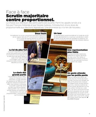 Face à face
                                          Scrutin majoritaire
                                          contre proportionnel.
                                          La chasse aux électeurs des petits partis est ouverte. Parmi les appâts lancés à la
                                          fois par François Hollande et par Nicolas Sarkozy, l’introduction d’une dose de
                                          proportionnelle aux élections législatives. Une promesse qui n’a rien de nouveau.


                                                                                          Deux tours             Un tour
                                                 Actuellement, le scrutin uninominal majoritaire à deux tours    La représentation proportionnelle est un mode de scrutin
                                                    est en vigueur dans les 577 circonscriptions législatives.   de liste généralement à un seul tour. Les électeurs votent
                                                           S’il n’y a pas de majorité absolue au premier tour,   en faveur d’une des listes de candidats en présence. Les
                                                            le candidat arrivé en tête au second tour est élu.   sièges sont attribués en proportion des résultats obtenus.




                                               La loi du plus fort                                                                     Une représentation
                                             Le scrutin majoritaire amplifie le
                                          succès des grands partis et facilite
                                                                                                                                       plus fidèle
                                                                                                                                       La proportionnelle traduit plus
                                          la constitution d’une majorité forte
                                                                                                                                       fidèlement le rapport de forces
                                           au détriment des partis faibles ou
                                                                                                                                       issu des urnes. Pour éviter un
                                                  isolés. D’où l’idée d’instiller
                                                                                                                                       éparpillement excessif, on fixe un
                                               « à la marge » une « dose » de
                                                                                                                                       seuil (5 %, par exemple) minimum
                                           proportionnelle en élisant certains
                                                                                                                                       pour obtenir des sièges.
                                                  députés au scrutin de liste.




                                                      Le choix des                                                                     Un geste attendu
                                                     grands partis                                                                     par les petits partis
                                              Les fondateurs de la Ve Répu-
                                                                                                                                       Chacun a de bonnes raisons de
                                                  blique ont imposé le scrutin
                                                                                                                                       vouloir plus (ou moins) de propor-
                                                majoritaire. Il a fallu attendre
                                                                                                                                       tionnelle. Soucieux de ménager ses
                                           les législatives de 1986 pour que
                                                                                                                                       alliés, le PS prévoit d’en instaurer
                                          la gauche instaure la proportion-
                                                                                                                                       une (légère) dose. Nicolas Sarkozy,
                                            nelle, mais la droite, victorieuse,
                                                                                                                                       quant à lui, cherche à s’attirer les
                                                 l’a aussitôt supprimée. Entre
                                                                                                                                       bonnes grâces des électeurs du FN
                                               les deux tours de la présiden-
                                                                                                                                       et du centre. Victimes du « vote
                                              tielle de 2007, c’est, cette fois,
                                                                                                                                       utile », les Verts comme le Front de
                                            Nicolas Sarkozy qui plaide pour
                                                                                                                                       gauche la réclament afin de ne pas
                                                   l’introduction « d’un peu de
                                                                                                                                       être dépendants du soutien du PS.
                                           proportionnelle ». Une promesse
                                                                                                                                       Le MoDem de François Bayrou y est
                                                            qu’il ne tiendra pas.
                                                                                                                                       favorable. Enfin, pour le FN, c’est le
Pierre Rousseau/CIT’images. Ludovic/REA




                                                                                                                                       seul moyen d’avoir des députés.
                                                                                                                                       Jean-Michel Normand




                                                                                                                                                                              31
 