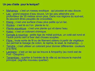 Un peu d’aide  pour le lexique?  Mahampy  : c’est un roseau exotique  qui pousse en eau douce. Lac  : grand espace d’eau douce. Un lac peu atteindre une profondeur de 35 mètres sinon plus. Dans nos régions du sud-est, ils peuvent êtres peuplés de crocodiles. Etang :  c’est une surface d’eau plus petite qu’un lac. Rizière  : c’est là où l’on  plante le riz . Plante aquatique  : c’est une plante qui vit dans l’eau. Katso  : c’est un colorant chimique.  Epingle à nourrice  : petite tige de métal pointue, un coté est rond et   l’autre pointu sert à fixer des choses souples. Fibre :  toute sorte de fil ou de filament obtenu à partir de végétaux qui permet le tissage (le coton, le raphia, le sisal, le mahampy…). Teindre :  c’est utiliser un colorant pour donner différentes  couleurs à la fibre. Lanirano  : c’est un lac qui se trouve à Amparihy (au nord–est de Fort - Dauphin) Tanambao :  quartier à l’entrée de la ville où se trouve le marché principal. (signifie nouveau quartier) 