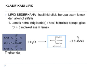 KLASIFIKASI LIPID
 LIPID SEDERHANA : hasil hidrolisis berupa asam lemak
dan alkohol alifatis.
1. Lemak netral (trigliserida) : hasil hidrolisis berupa glise
rol + 3 molekul asam lemak
+ 3 R- C-OH
O
O
CH2 – O – C – R’
O
CH – O – C – R’’
O
CH2 – O – C – R’’’
+ H2O
Trigliserida
 